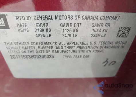 2016 Chevrolet Impala 2Lt из США, поврежденный, VIN 2G1115S38G9200025